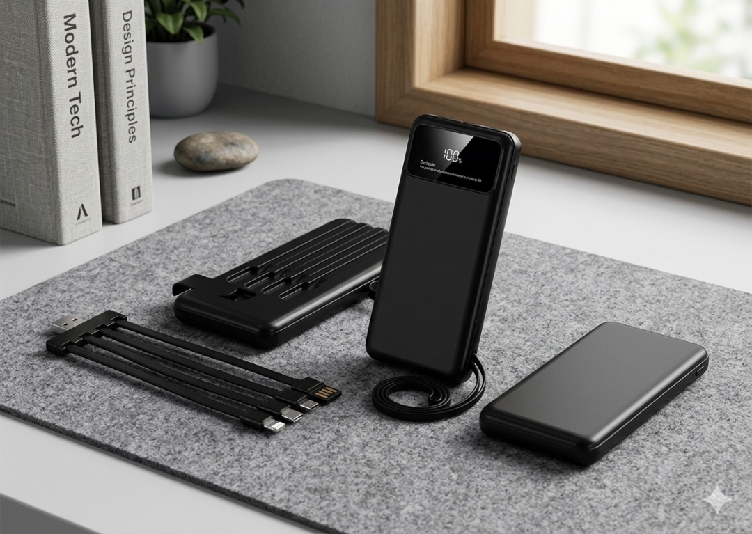 10,000mAh Powerline Powerbank With 4 Detachable Built In Cable & Mobile Stand